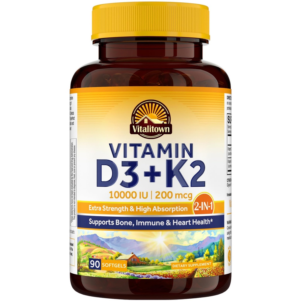 Vitalitown Vitamine D3 K2 Supplément, Vitamine D3 10000 UI Vitamine K2 (MK7) 200 mcg, 90 Softgels, Non-OGM, Pas de gluten et de soja, pour les os, les dents, l'Immune et la santé cardiaque