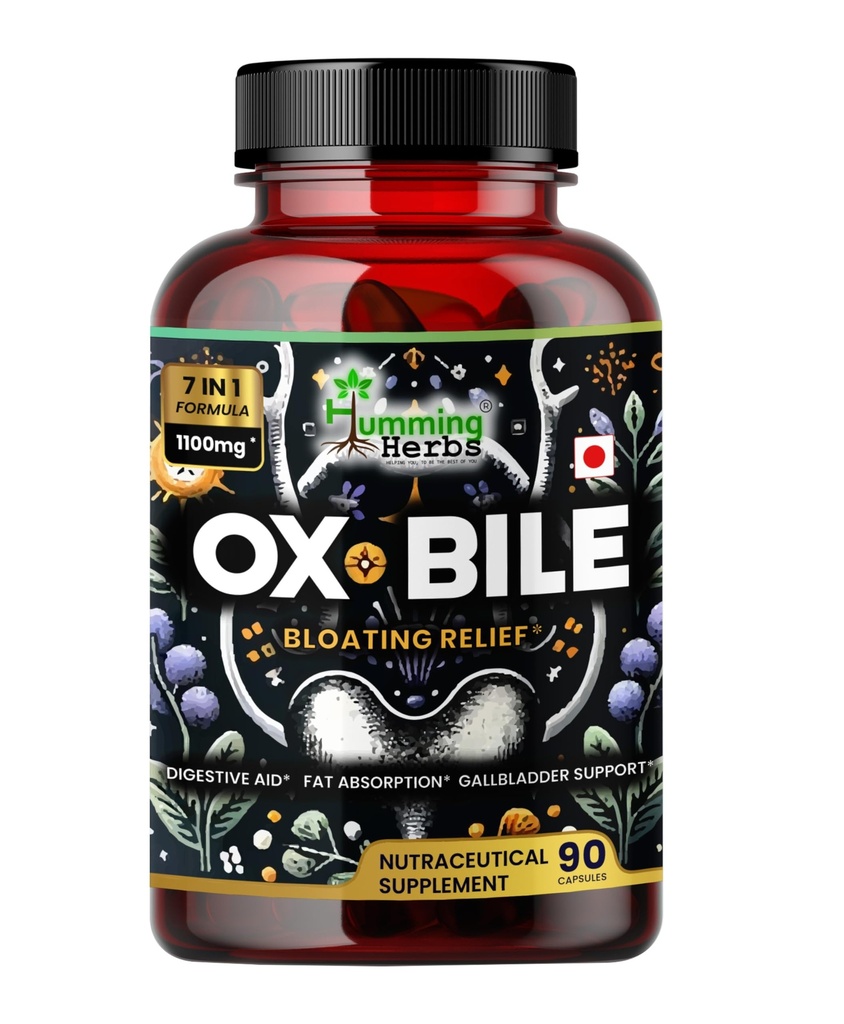 Humming Kruiden Oxbile met spijsverteringsenzymen & Pre/Probiotica 90 Veg Caps Cholic Acid, Inulin, Betaine HCl, Pepermunt, Bromelaine Gezonde spijsvertering & Nutriënt Absorptie - Bile Salts Supplement
