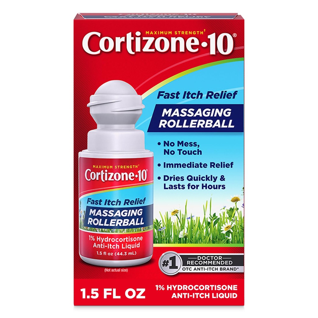 Cortizone-10 Maximale sterkte Itch Relief Massaging Rollerball, 1% Hydrocortison, Fast-Acting, Anti-Itch Liquid for Bug Bites, Rash, Eczema, Psoriasis, Poison Ivy, Oak, Sumac, 1.5 fl. oz