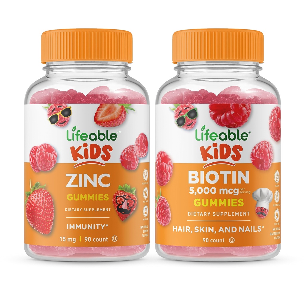 Zinc Lifeable Kids + Biotin Kids, Gommies Bundle - Grande dégustation, supplément de vitamine, sans gluten, sans OGM, gommy à croquer