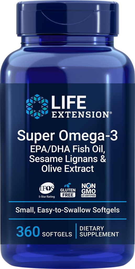 Life Extension Super Omega-3 360 Softgels, gemakkelijk te slikken, EPA/DHA Omega3 Visolie, Sesam Lignans & Olive Extract