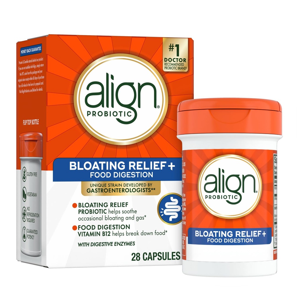 Align Probiotic Bloating Relief + Food Digestion, Probiotiques pour les femmes et les hommes, #1 Marque recommandée par le médecin, favorise la santé digestive et aide à soutenir le métabolisme des aliments*, 28 capsules