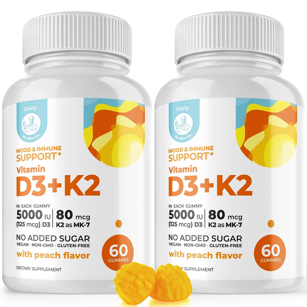 DR. MORITZ Vitamine D3 Gummies (5000 UI) avec K2 - pour adultes et enfants - Vitamine D3 K2 Gummies pour le soutien immunitaire et la santé des os - végétalien, sans sucre, sans gluten (120 Nombre)