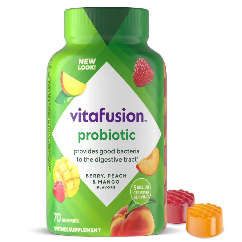 vitafusion Probiotic Gummy Supplementen, Raspberry, Peach en Mango Smaken, Probiotic Nutritional Supplements Met 5 miljard CFUs, 35 dagen levering, 70 Tellen