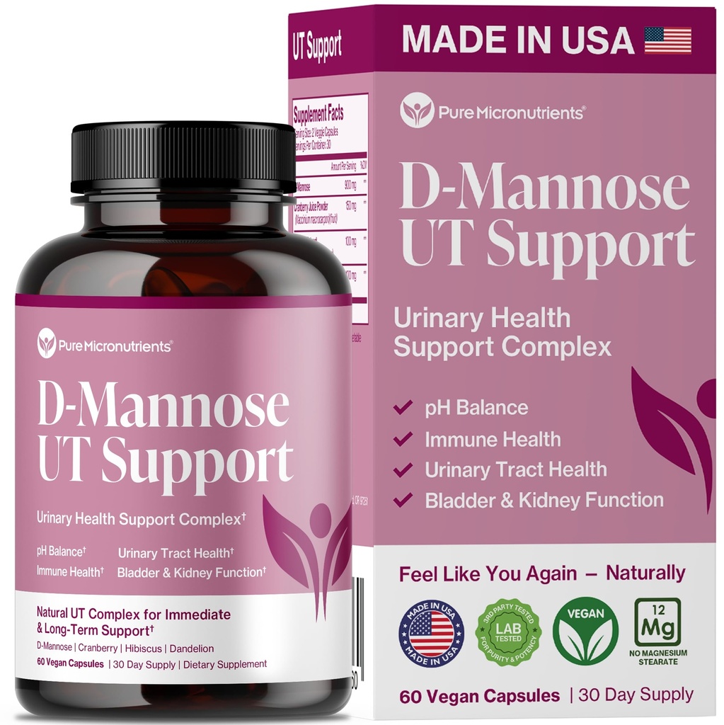 Pure D Mannose Capsules 1000mg par portion - Soutien à l'ITU à action rapide - Nettoyant urinaire et santé de la vésicule - Cranberry, D-Mannose, Dandelion, Fleur d'hibiscus - 60 Caps Veggie