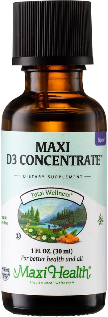 Maxi Health Vitamin D3 Concentrate - 1000 IU Per Drop - Dietary Supplement - Supports Calcium Absorption, Immune Health and Bone Health in Adult Women & Men (1 fl oz)