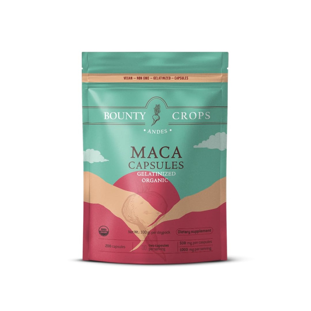Bio en poudre de maca CAPSULES-1000 mg par portion, gélatinisé, non-OGM, 200 capsules véganes, noir, rouge et jaune de la maca péruvienne, support énergie et vitalité.