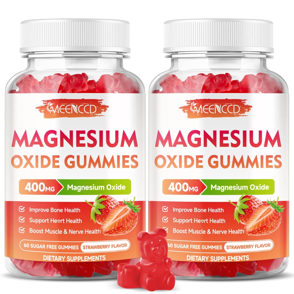 2 Pack Magnesiumoxide Gummies 400mg, Kauwbaar Magnesiumoxide supplement voor volwassenen & kinderen, zenuw & spierondersteuning, non-GMO, suikervrije, aardbeien smaak, 120 Tel.