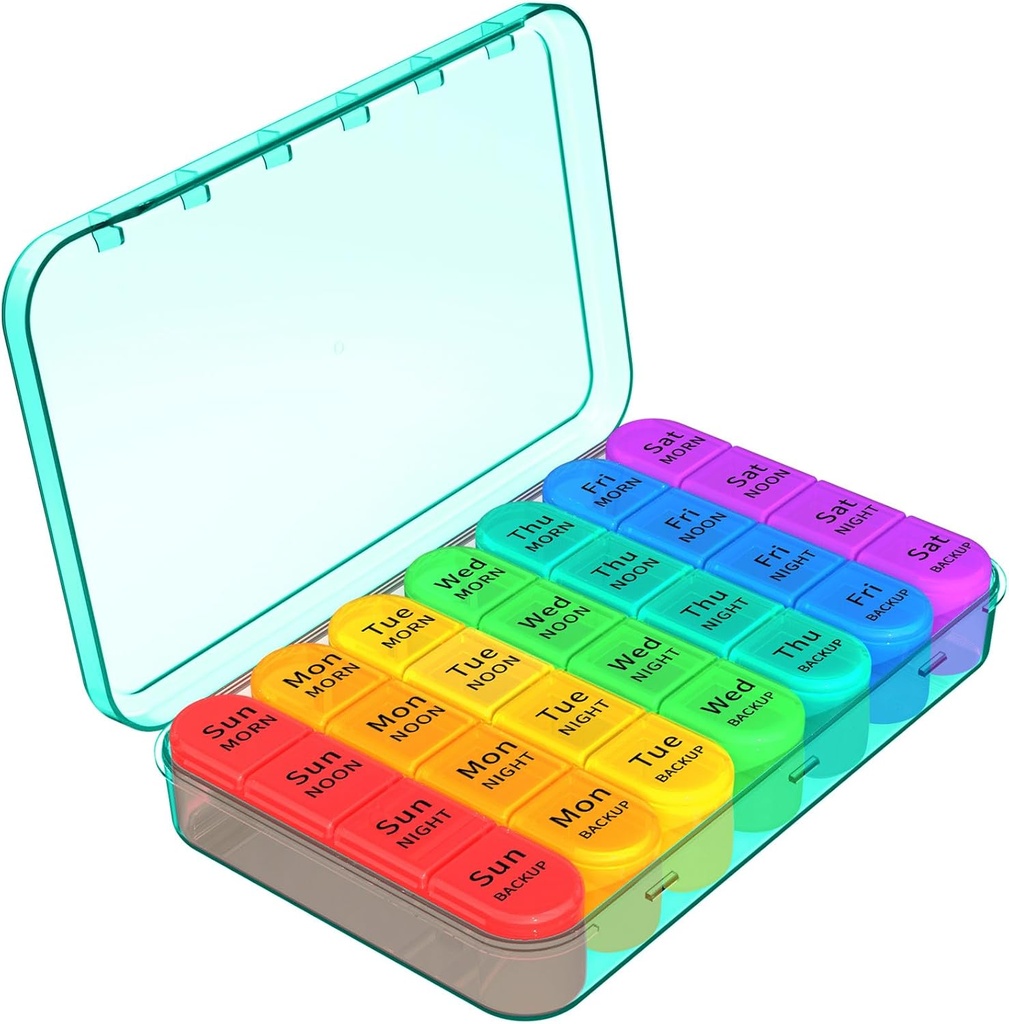 Daviky Pill Organizer 4 keer per dag, Weekly Pill Box Travel Pill Case, Daily Medicine Organizer 7 Dag, Grote Pillen Container houder om vitamines, pillen, supplementen (Cyaan)