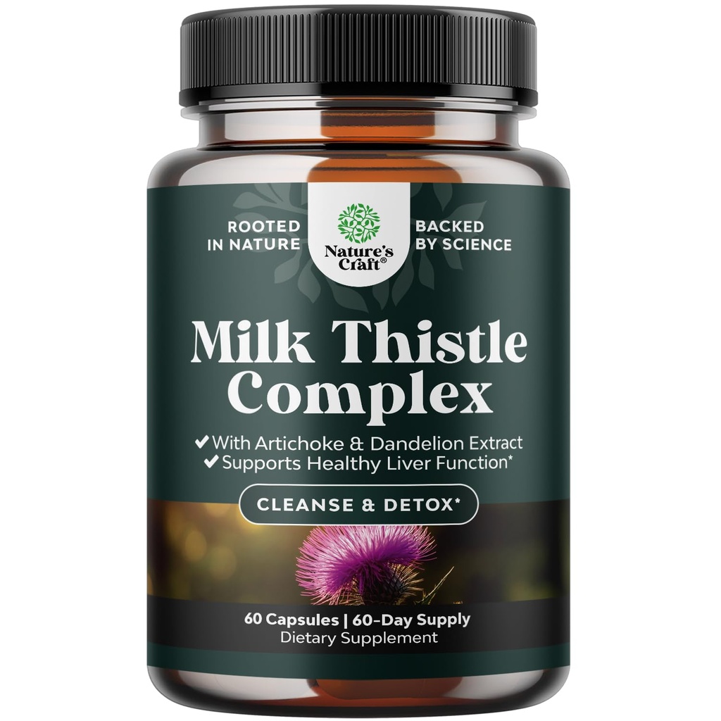 Soutien du foie Thistle de lait Supplément pour nettoyer le foie Detox & Repair - Le thistle de lait avancé et supplément de racine de dandelion avec extrait d'artichaut - Capsules de dandelion pour détox - 60 Ct