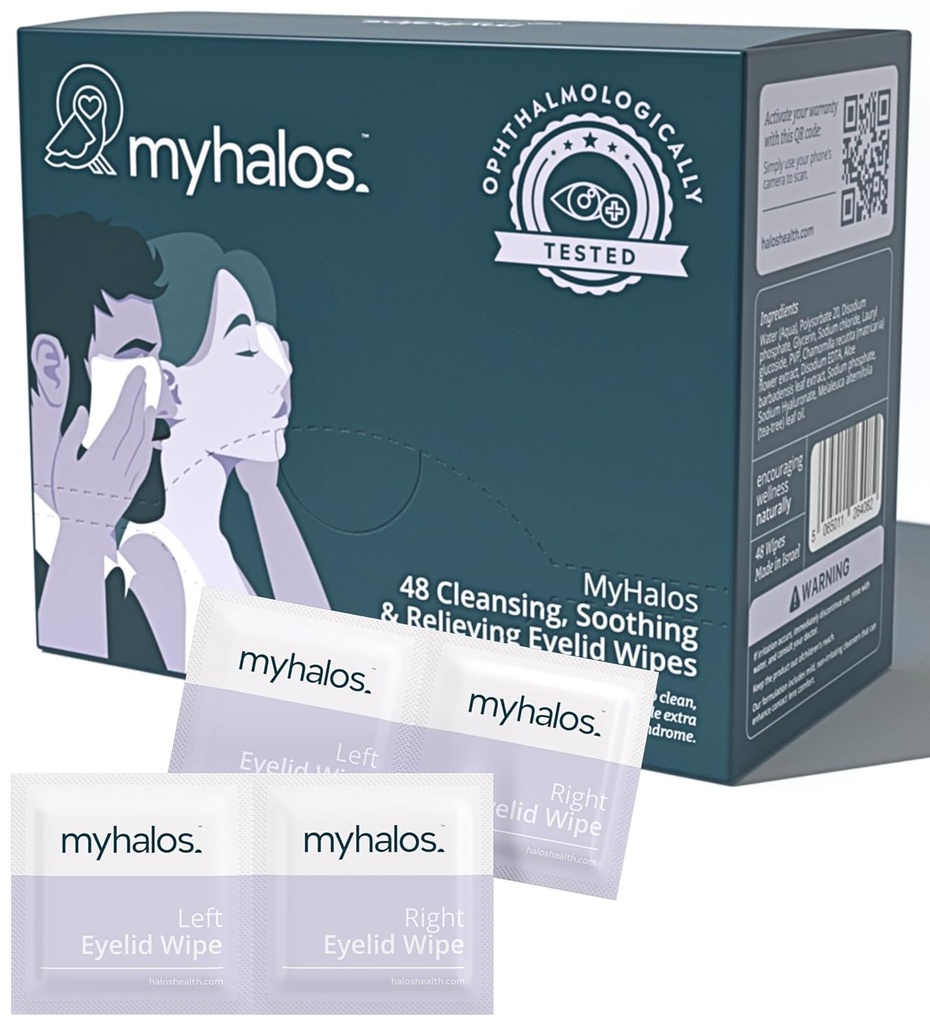 MyHalos® 48 Hydrating Eyelid Wipes for Dry Eye Relief - Moisturizing & Soothing Eye Wipes with Tea Tree - Helpt met Blefaritis & Computer Vision Syndrome, Blefaritis Treatment for Eyelids, Cleanser