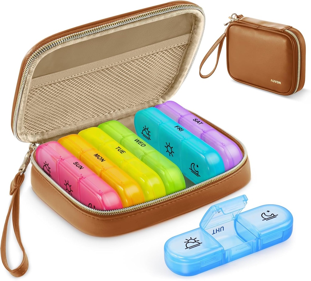 AUDON Weekly pil Organizer 3 keer per dag, Grote pil doos 7 dag met een PU lederen zak, Protabel Travel pil geval herinnering, dagelijkse pil doos 3 keer per dag voor vitamines, visolie, supplementen