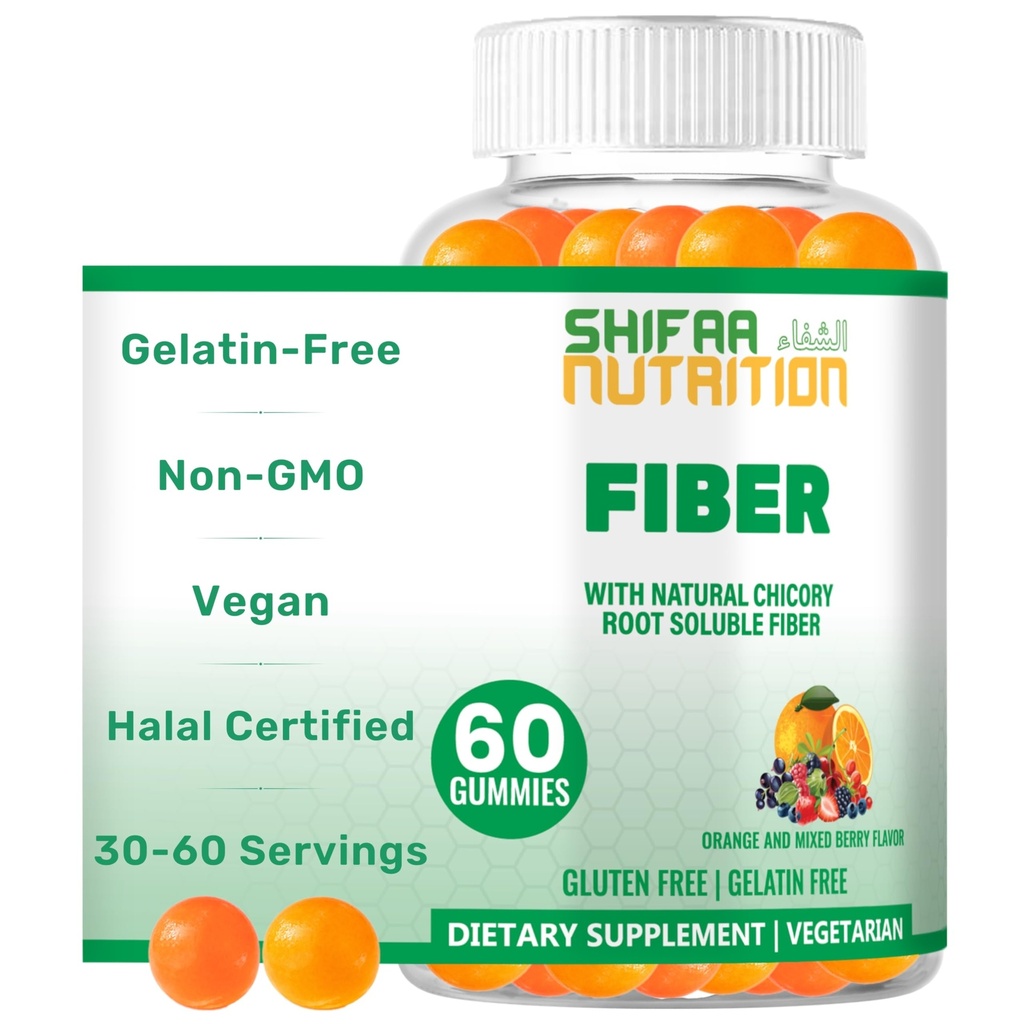 SHIFA NUTRITION Halal & Glutenvrije Vezel Gummies voor kinderen & volwassenen 4g, 30-60 Servers 60 Gummy's Verbetert Decompenserende Gezondheid, Immuniteit & Gut Health 