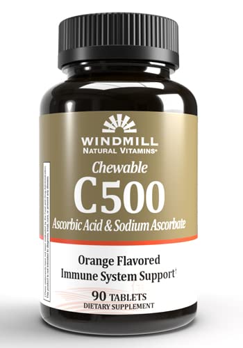 Windmolen Gezondheid Producten Kauwbare vitamine C-500, Immuun Systeem Ondersteuning, Krachtige Antioxidanten, 90 tabletten, 90 Tellen