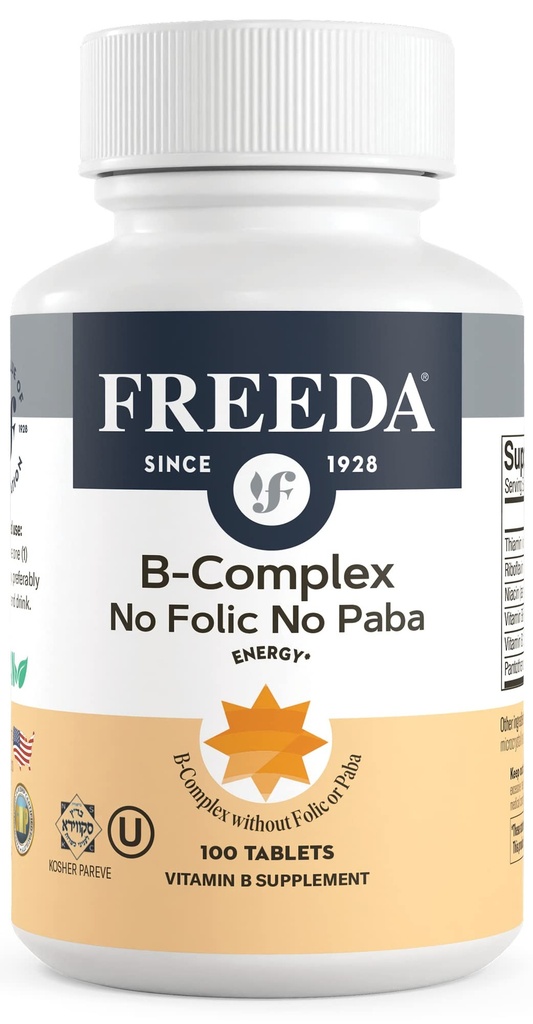 Freeda Vitamine B Complex No Folic No PABA - Super B Complex Kosher Vitamine Supplement met Vitamine B1 Vitamine B2 Vitamine B3 Vitamine B5 Vitamine B6 Vitamine B12 - Vit B Complex B voor Vrouwen en Mannen (100 Ct)