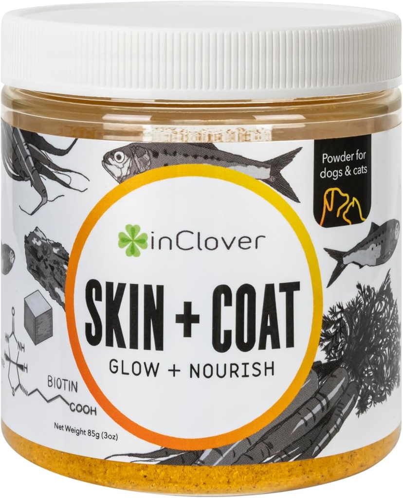 In Clover Dog Skin and Coat Supplement, BioRadiant Natural Supplement voor honden, gezonde huid en jas, Visolie alternatieve toepassingen Wortels, Kokosnoot, Omega 3's, Biotine en Zink Soothe huid