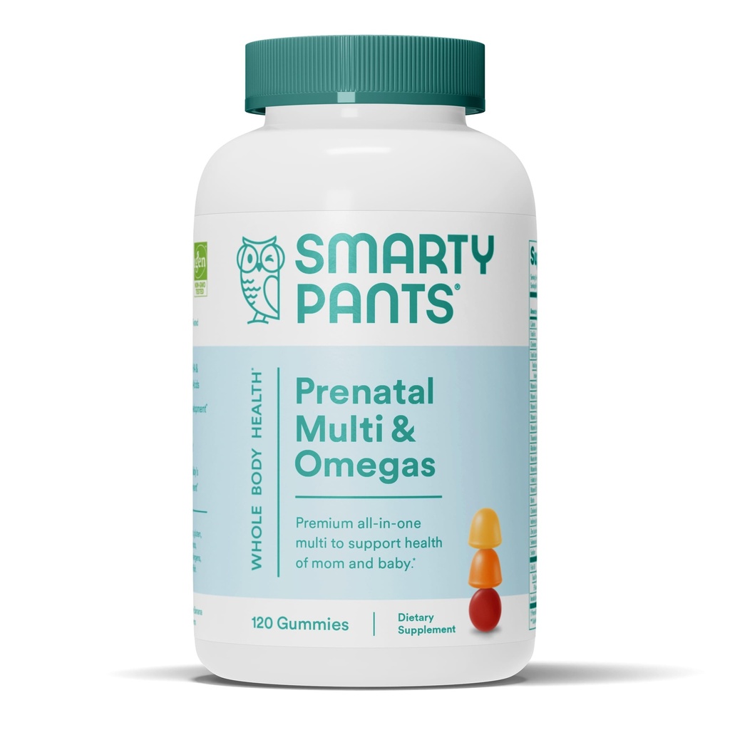 SmartyBants Prenatale vitamines voor vrouwen, Multivitamine Gummies: Omega 3 Visolie (EPA/DHA), Biotine, Methylfolaat, Vitamine D3, C, Vitamine B12, B6, A, K & Zink, Inositol, 120 Tellen (30 Dagen Levering)