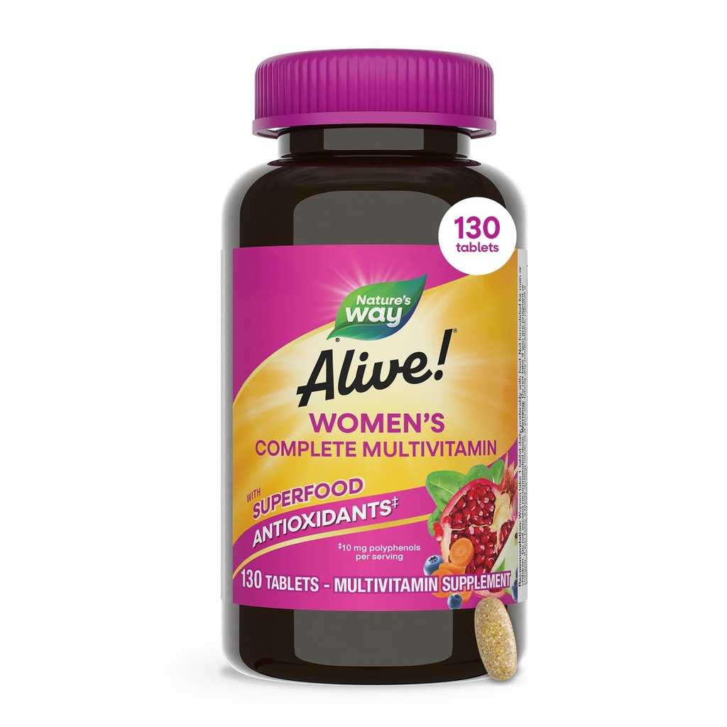 Nature's Way Alive! Complete Multivitamine voor Vrouwen, Dagelijkse Vrouwen.Vitamin ondersteunt Cellulair Energie Metabolisme, Haar, Huid & Nagels*, B-Vitaminen, met Superfood Antioxidanten, 130 tabletten