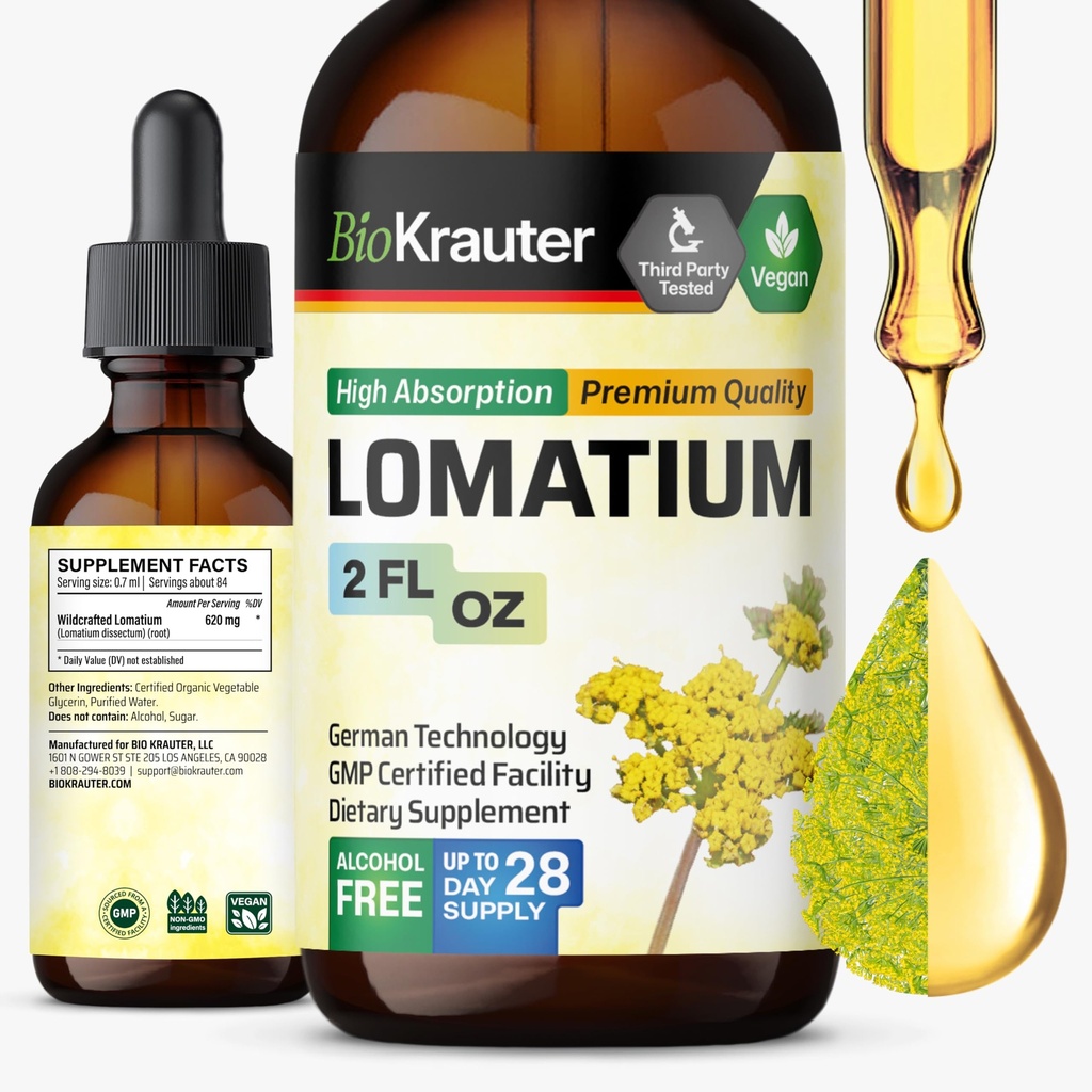BIO KRAUTER Lomatium Root Tinctuur - Vegan Respiratory Support Supplement - Lomatium Dissectum Liquid Extract - Alcohol & Sugar Free - 2 Fl.Oz.