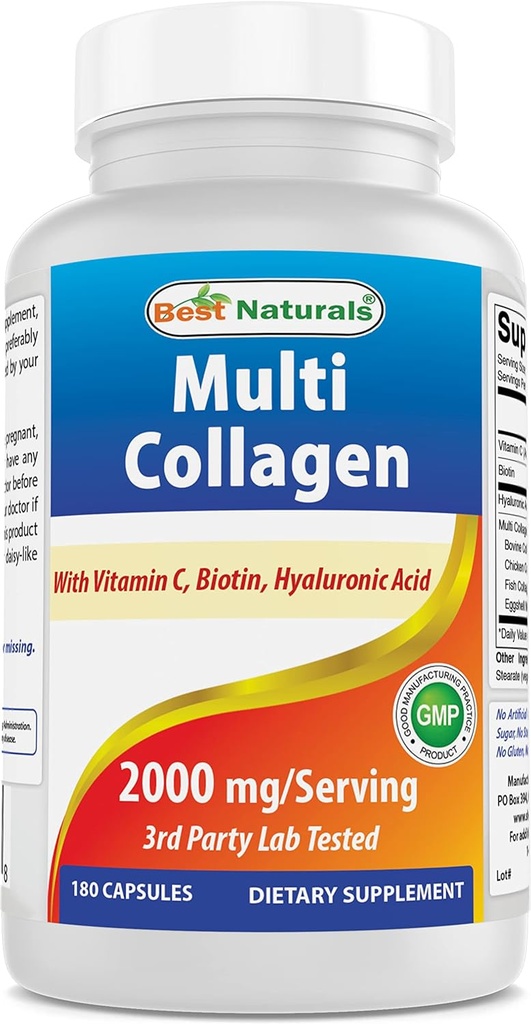 Best Naturals Multi Collageen Pillen 2000mg voor vrouwen en mannen - Gehydrolyseerde Collageen Peptides Capsules voor haarhuid en Nagels met Types I II III V X, Biotine, Hyaluronzuur en Vitamine C