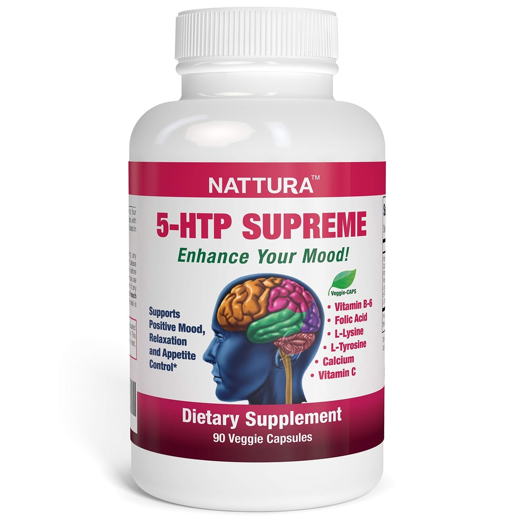 Nattura 5-HTP Supreme - voor Positive Mood, Relaxation and Appetite Control - met 5-HTP, L-tyrosine, L-Lysine, Vitamine B6, Folaat (Foliumzuur), Vitamine C (Ascorbinezuur), Calcium - 90 Capsules