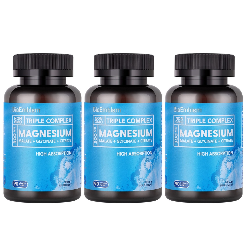 BioEmblem High Absorption Triple Magnesium Complex 300mg | Magnesium Glycinate for Nerves, Malate for Energy, Supplement to Support Muscle Health | Vegan, Non-GMO 270 Capsules