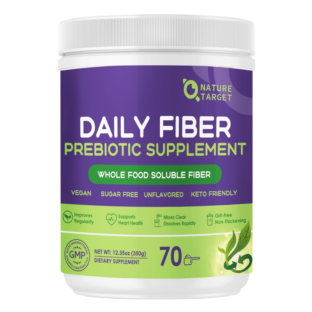 NATURE TARGET Daily Fiber Supplement - Soluble Prebiotic Fiber Powder for Gut Health, Whole Food High Fiber for Digestive Health & Regularity, Unflavored, Gluten & Sugar Free, Keto - 70 Servings