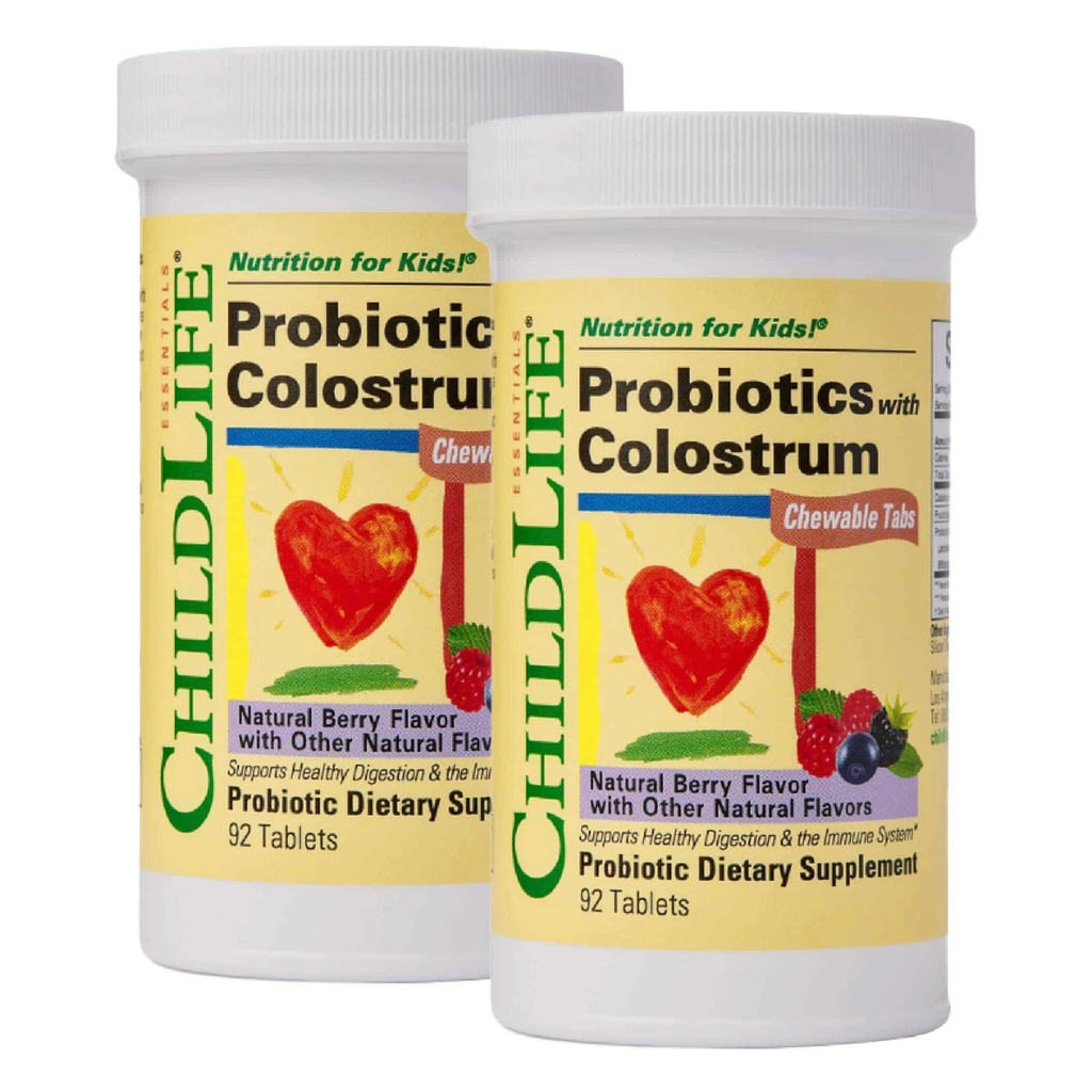 KINDLIFE ESSENTIËLES ChildBiotics met Colostrum- Probiotica voor kinderen, Probiotica voor spijsverteringsgezondheid, Kauwtabletten, Kinderprobiotica, Colostrum voor kinderen - Natural Berry, 92 tabletten (pakket van 2)