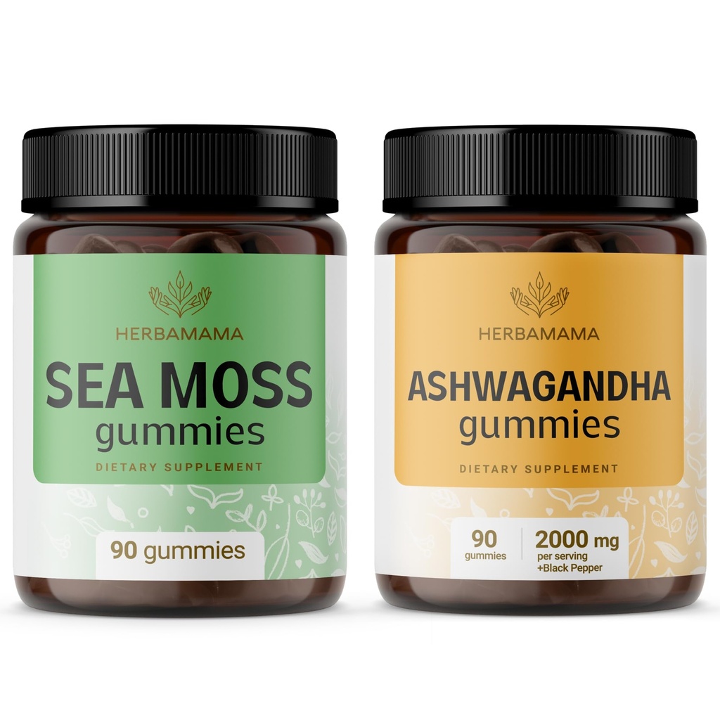 HERBAMAMA Sea Moss and Ashwagandha Kit - Bundle of 1600 mg Sea Moss with Bladderwrack & Ashwagandha Root Gummies - Vegan, Non-GMO, Gelatine-Free - 2 Pack