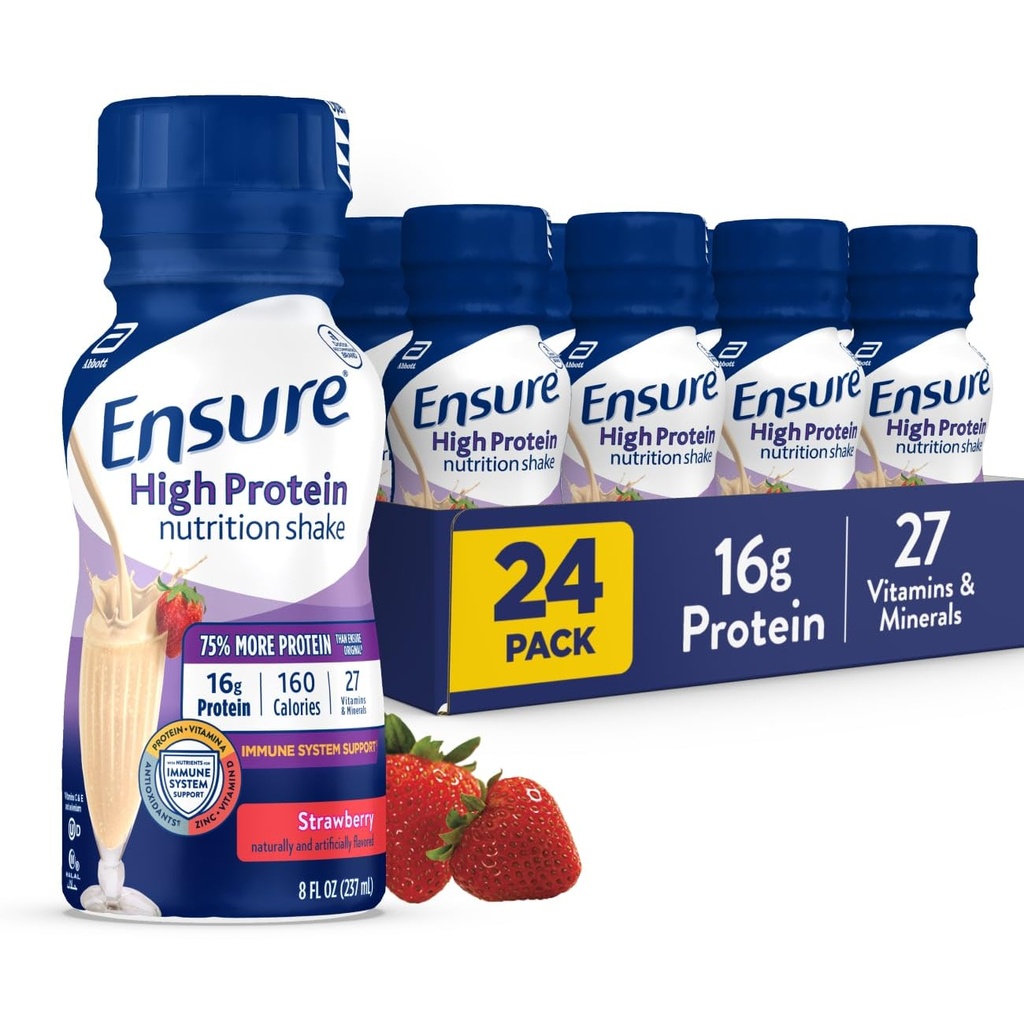 Ensure High Protein Strawberry Nutrition Shake, Ready to Drink, 16g Protein and 27 Vitamins and Minerals, 8 fl oz, 24 Pack