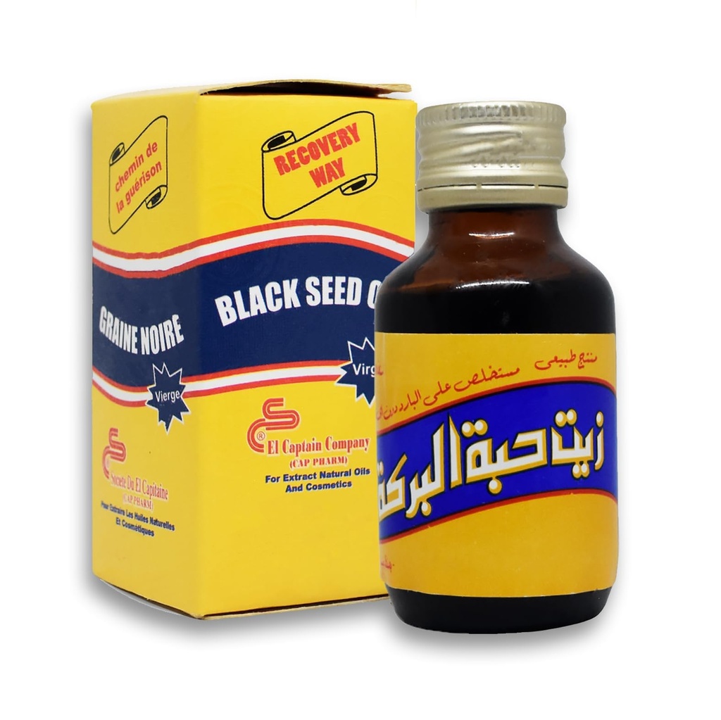 bonballoon El Captain Black Oil Pure Cold Pressed ElCaptain Al Captain Pure Natural Raw Nigella Egypt Herbes à herbes égyptiennes Halal (2.11 oz / 60 ml) الهابن زيه حبن البره حلال