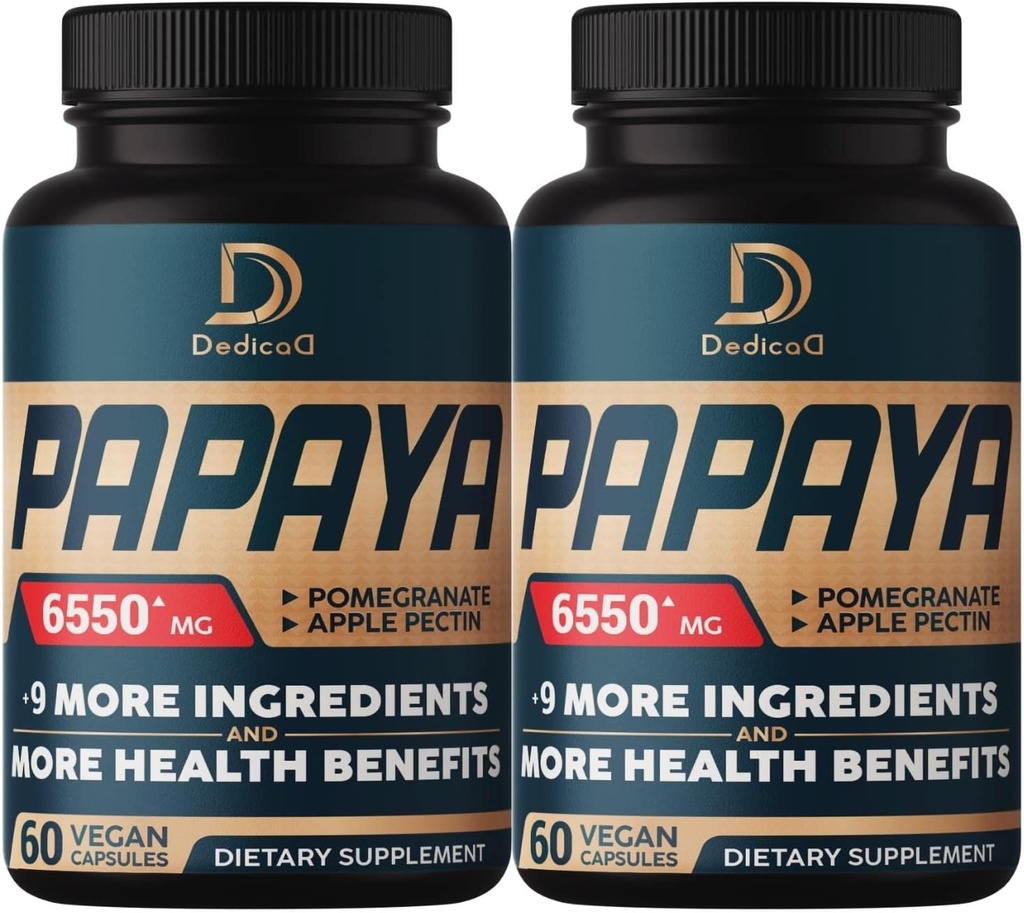 10in1 Pure Papaya Enzymen voor Digestie 6550mg 4 maanden Ondersteuning Vertering, Immuun & Lichaamsgezondheid - Vermengd met Geëxtraheerde Granaatappel, Apple pectine, Gember, Kurkuma, Pepermunt - 2 Packs 60 Counts
