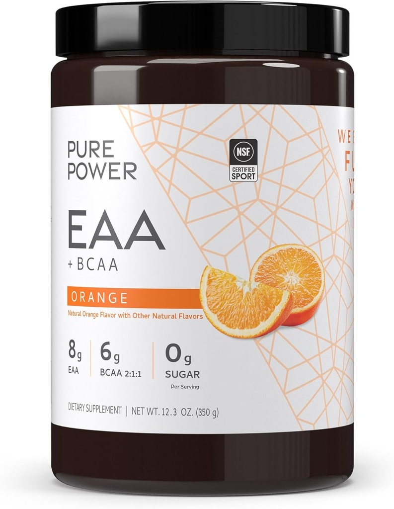 Dr. Mercola Pure Power Essential Amino Acids with BCAA, Orange Flavor, 12.3 oz (350 g), 30 servings, 8 g EAA, 6 g BCAA, 0 g Sugar, Non-GMO, NSF Certified for Sport