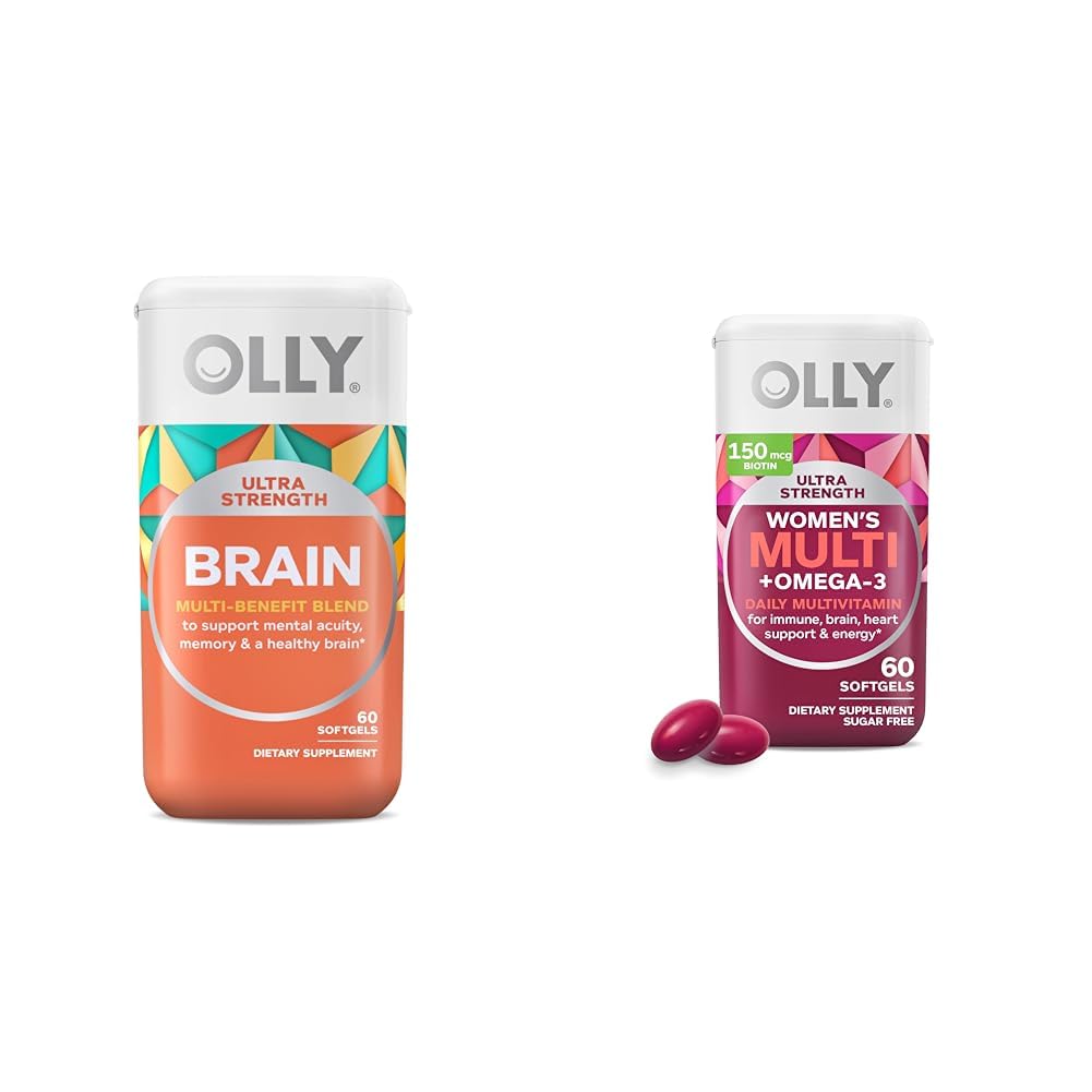 OLLY Ultra Strength Brain Softgels, Nootropic, ondersteunt gezonde hersenfunctie, geheugen, focus & Ultra Women's Multi Softgels, algemene gezondheid en Immune Support, Omega-3s, ijzer, vitamines A, D