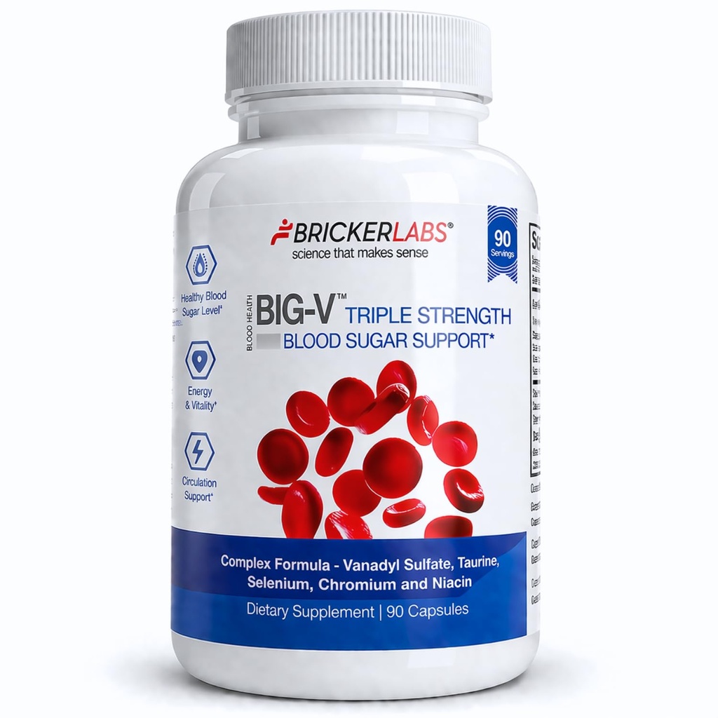 Bricker Labs Big-V Triple Strength Vanadyl Supplement: Vanadyl sulfaat 30 mg, Taurine 600 mg, Selenium, Chroom en Niacin, Blended Mineral Supplement Capsules 90 st.