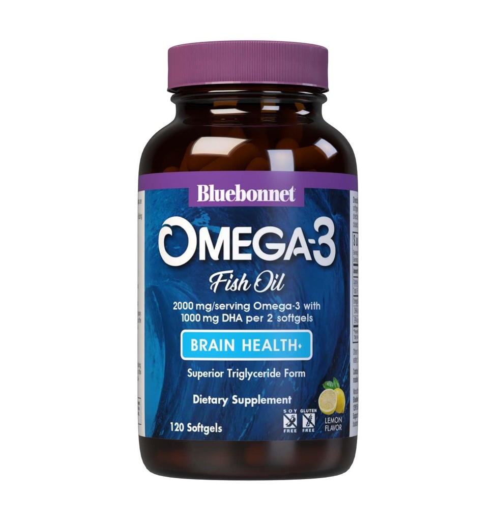 BlueBonnet Nutrition Omega-3 Brain Formula Natural Wild Caught Triglyceride Form DHA 1000 mg EPA 210 mg, Zeer geconcentreerd Cognitive Health & Wellness Support Supplement, Glutenvrije Softgel, Geel/Clear, Lemon, 120 Tel.
