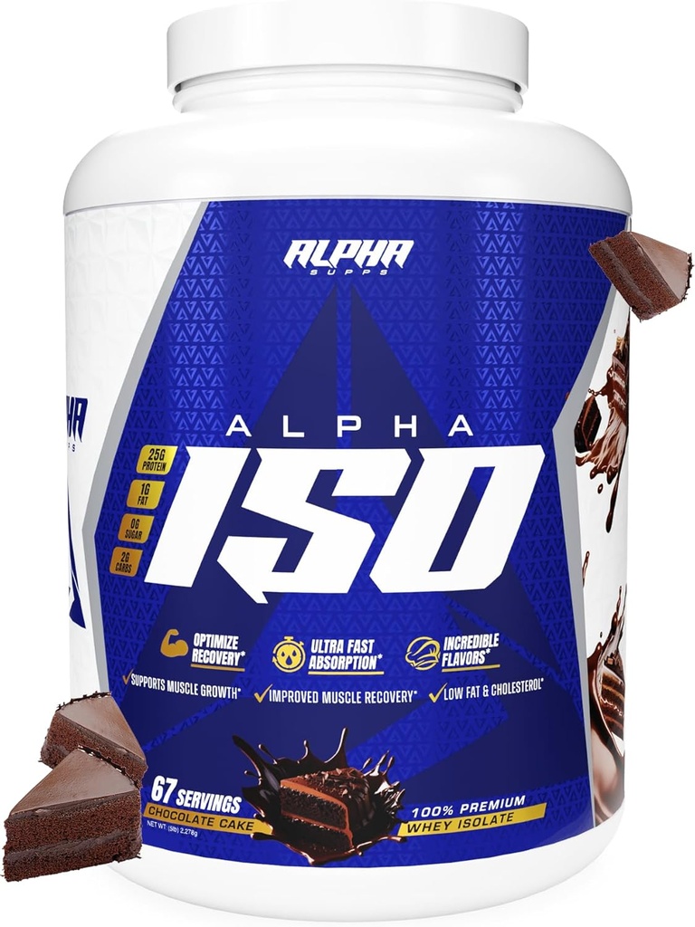 Alpha Supps ISO, Low Carb 100% Wei Protein Isolaat poeder, 25 Gram per portie, helpt ondersteunen spiergroei, lage suiker en glutenvrij (chocolade cake, 5 lb)