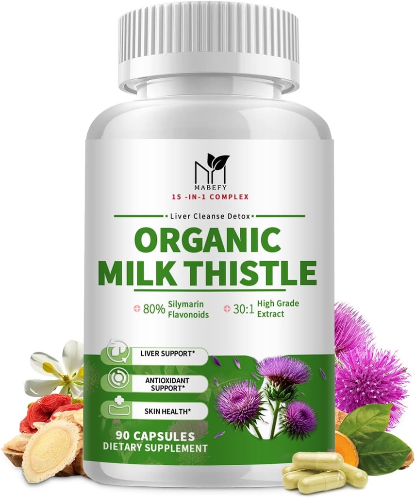 Supplément de détox du foie de chardon biologique - formule 15-en-1 avec silymarin, antioxydants et mélange à base de plantes - 90 capsules
