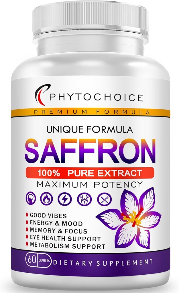 Saffraansupplementen-100% Pure Saffron Extract Capsules-Boost Energie & Mood, Ondersteuning Oog & Hart Gezondheid, Focus, Visie - Pure Saffron Extract 88,5 mg - Made in the USA for Women & Men 60 Vegan Capsules