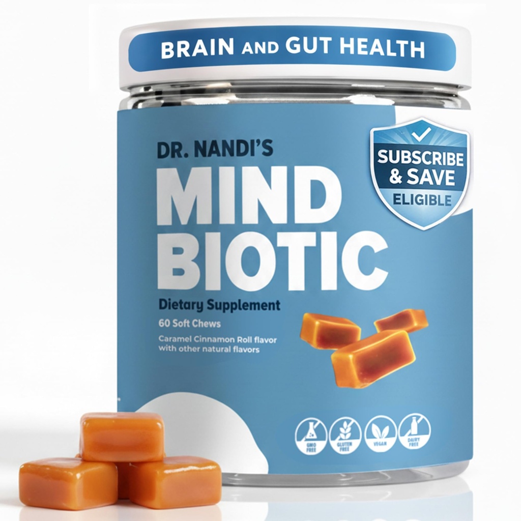 Dr. Nandi's MindBiotic Brain & Digestief Health Supplement - KSM-66 Ashwagandha, Probiotica & Prebiotica - Ondersteunt geheugen, focus, energie & Gut-Brain Connection - 300MG - 60 Caramel Cinnamon Chews
