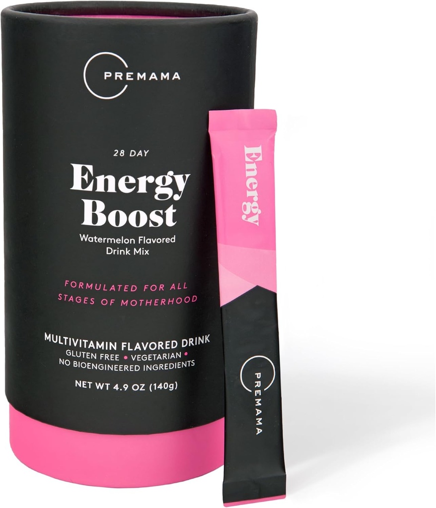 Premama Energie Boost voor alle zwangerschapsfases, Cafeïnevrije, Stimulantvrije energie, Glutenvrije, Vegetarische, Watermeloen smaak, 28 Single Serve Packets