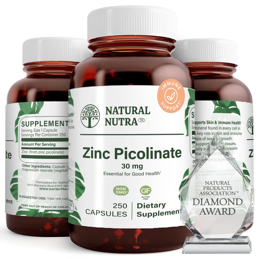 Picolinate de zinc naturel Nutra 30 mg, double résistance, brut et pur, supplément hautement biodisponible pour la croissance et le soutien immunitaire, aide à soutenir le système métabolique, diminuer le rhume commun 250 Capsule