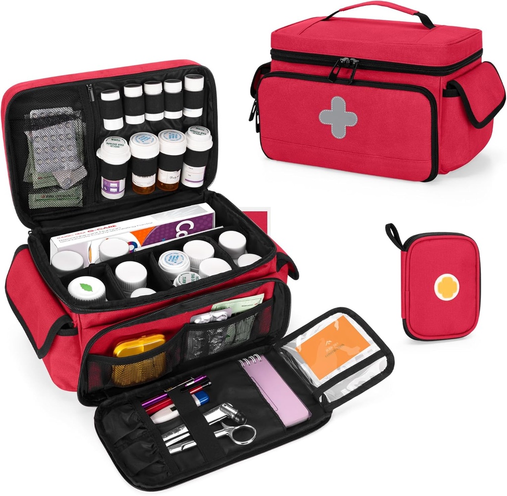 CURMIO Sac de rangement de médicaments vide, organisateur de bouteille de pilule verrouillable avec poches zippées portatives pour trousses de premiers soins, boîte de médicaments pour la maison et le voyage, rouge (brevet en attente)