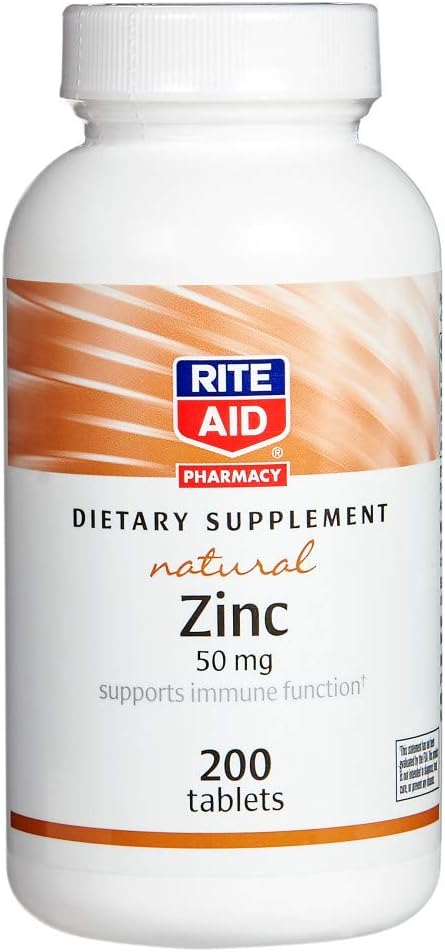 Rite Aid Natural Zink, 50 mg, 200 tabletten - Ondersteunt Immune Functie - Zink Supplementen - Vitamine Supplementen - Natuurlijke Zink Supplement - Essentiële Mineralen voor Antioxidant Gezondheid - Eenvoudig doorslikken