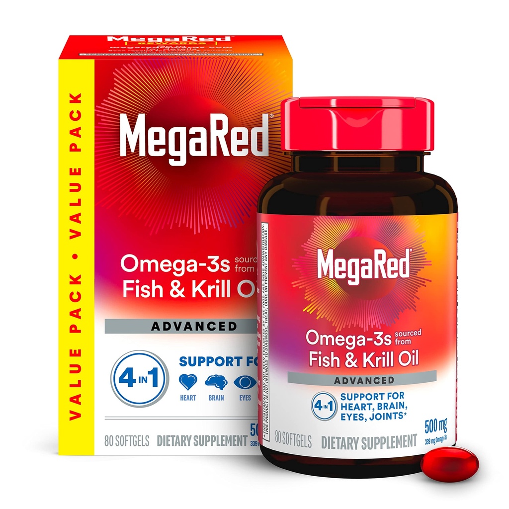 Megared Omega-3 Fish Oil + High Absorptie Krill Oil 500mg Softgels, MegaRed Advanced 4in1 (80 telling in een fles) Geconcentreerde Omega-3 Vis & Krill Oil Supplement