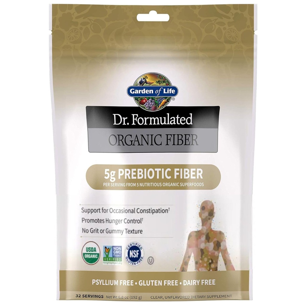 Garden of Life Dr Formuled Organic Fiber Supplement Powder Unflavored, Sugar Free, Psyllium Free Prebiotic Superfoods, Constipatie Relief and Hunger Control for Men and Women, 32 Servings