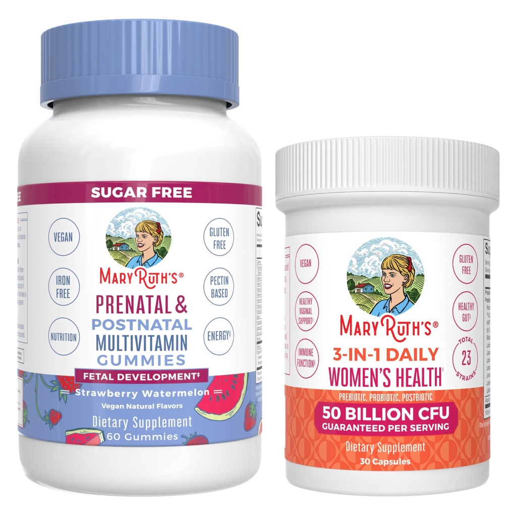 MaryRuth Organics Prenatal Postnatal Multivitamine Gummies (Strawberry) & Women's 3-in-1 Daily Probiotic Capsules 
