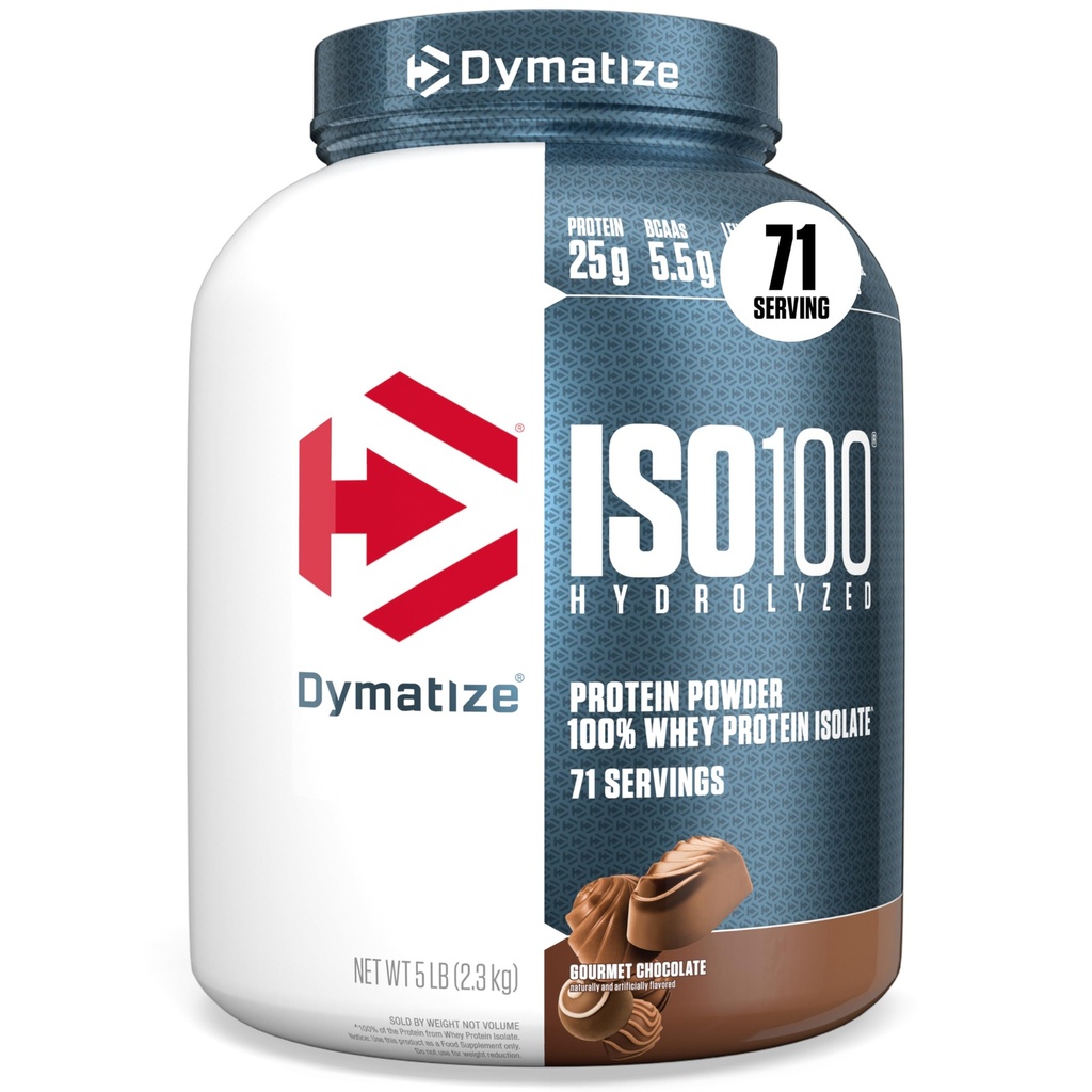 Dymatize ISO100 Wei Proteïne Poeder Isolaat, Gourmet Chocolade, 25g eiwit, 5 pond, 5.5g BCAA's, Minder dan 120 Cal., Glutenvrij, 1g vet, 1g suiker, 2g Carb (71 Servers)
