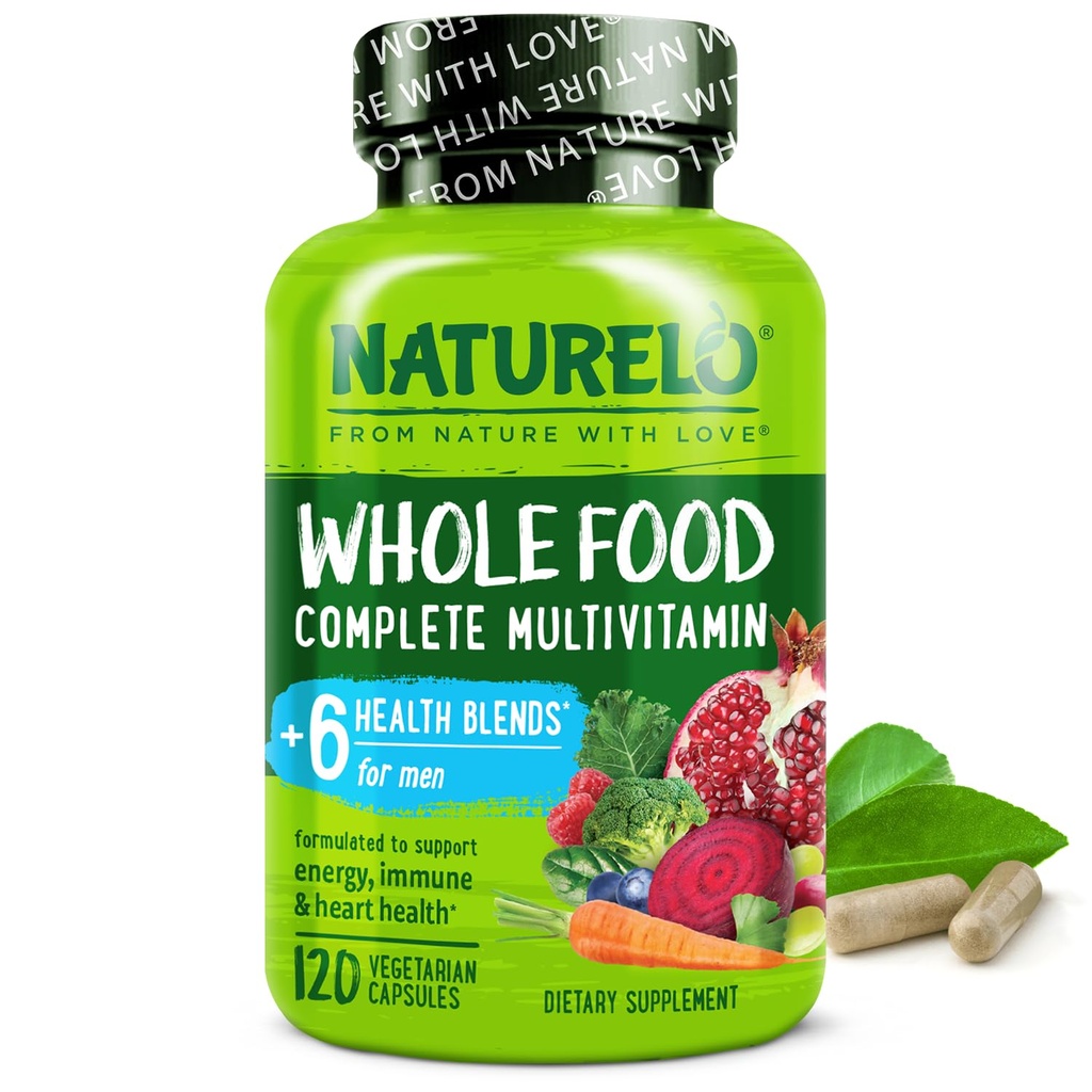 NATURELO Heren Multivitaminen - Whole Food Multivitamine voor mannen met vitamines, mineralen - 120 Vegetarische Capsules voor energie, hersenen, hart, ooggezondheid*