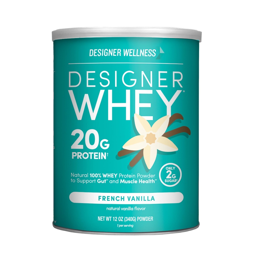 Designer Wellness Designer Whey Natural 100% Whey Protéine Poudre avec Probiotiques, Fibre et Vitamines B clés pour l'énergie, sans gluten, sans OGM, Vanille française 12 oz